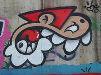 850606 Afbeelding van graffiti met een Utrechtse kabouter (KBTR) op een muur langs de jongerenplek Teen Spot ('De Kuil ...